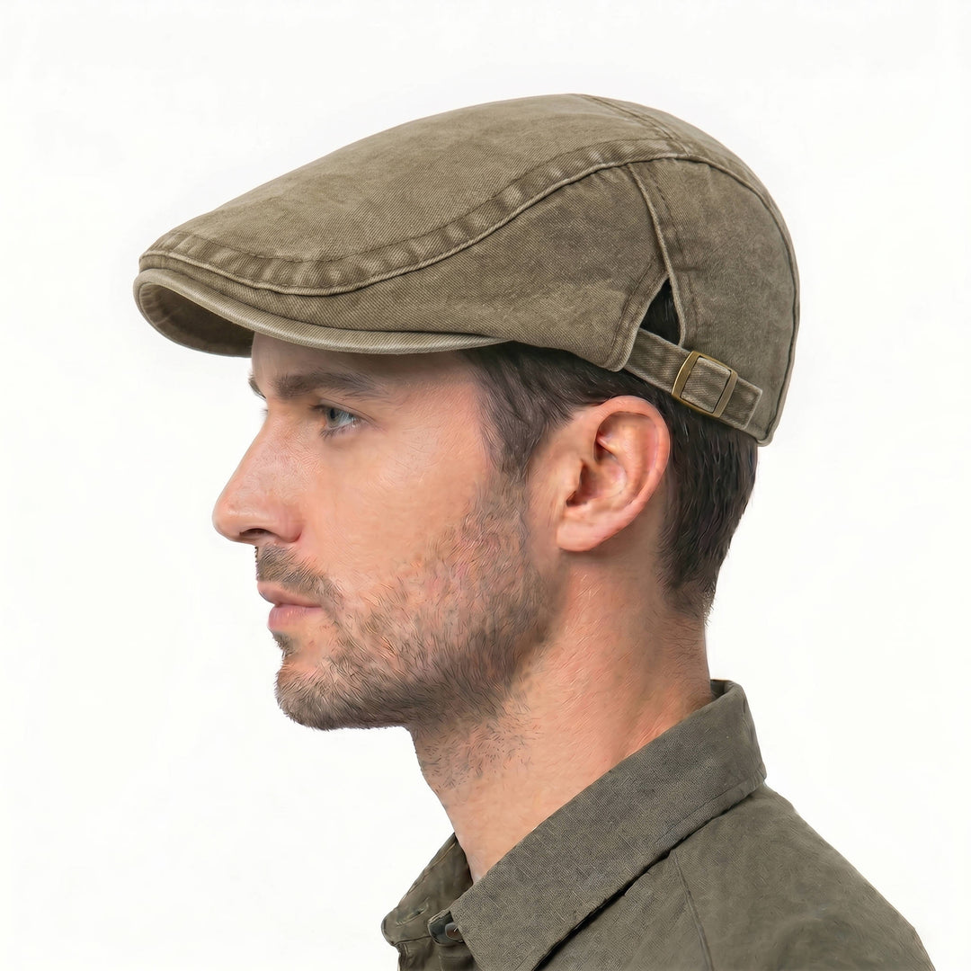 Men's Washed Denim Newsboy Flat Cap with Adjustable Band
