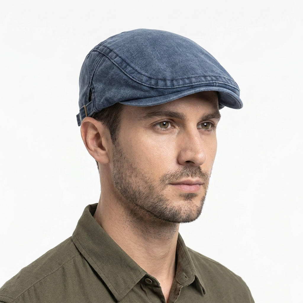 Men's Washed Denim Newsboy Flat Cap with Adjustable Band
