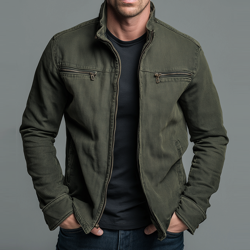 Men's Stand Collar Zip Jacket with Chest Pockets