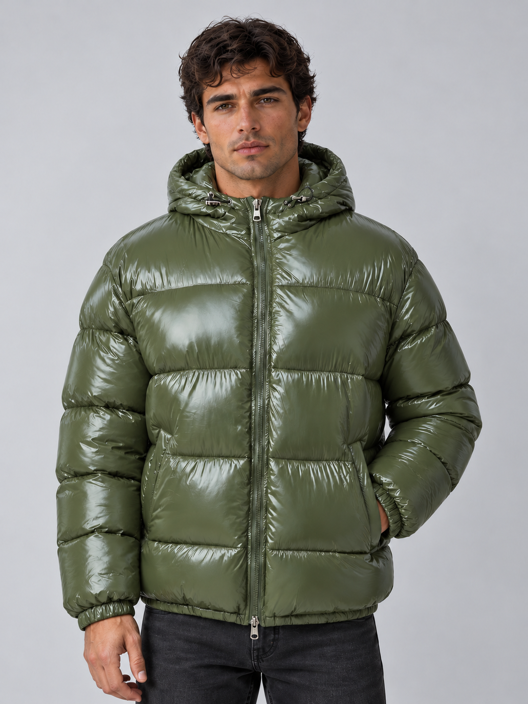 Men's Glossy Puffer Jacket with Hood