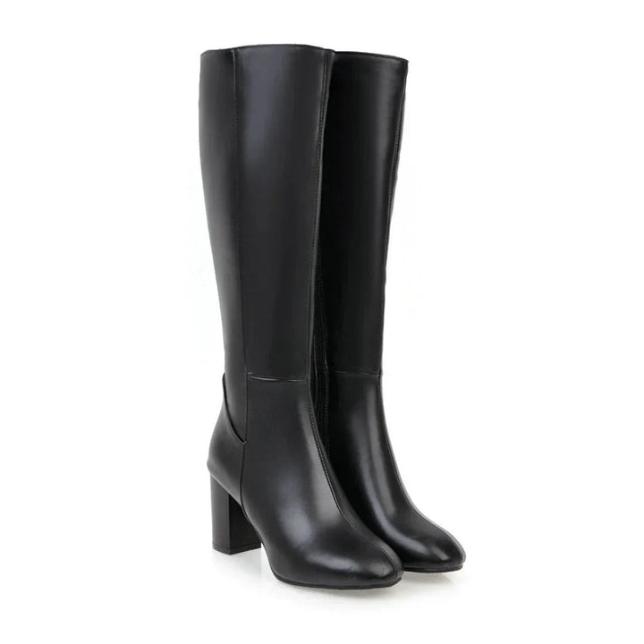 Women's Knee-High Boots with Block Heel and Side Zip