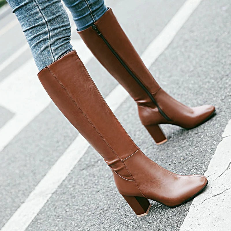 Women's Knee-High Boots with Block Heel and Side Zip
