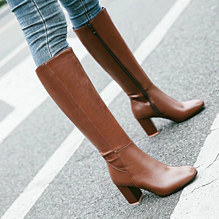 Women's Knee-High Boots with Block Heel and Side Zip