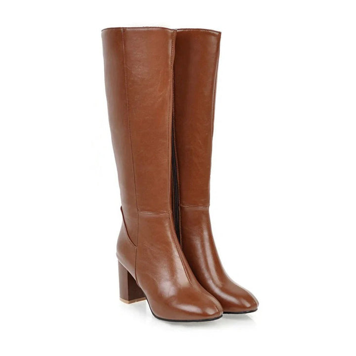 Women's Knee-High Boots with Block Heel and Side Zip