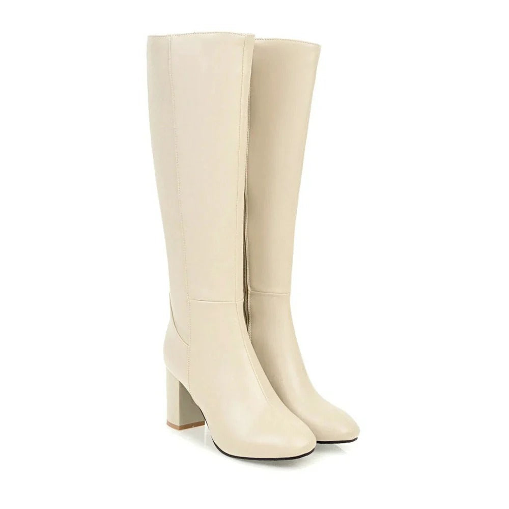 Women's Knee-High Boots with Block Heel and Side Zip