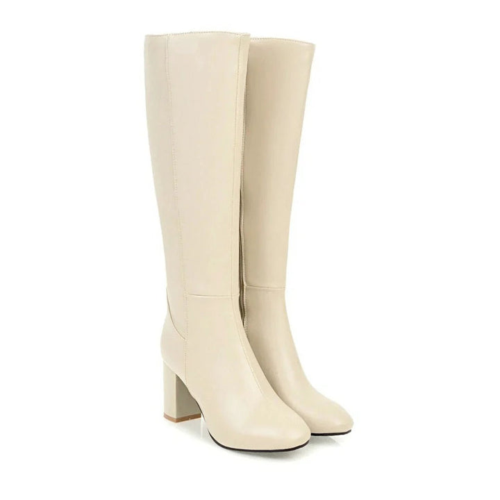 Women's Knee-High Boots with Block Heel and Side Zip