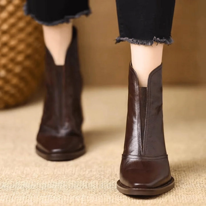 Women's Block Heel Ankle Boots with V-Cut Front