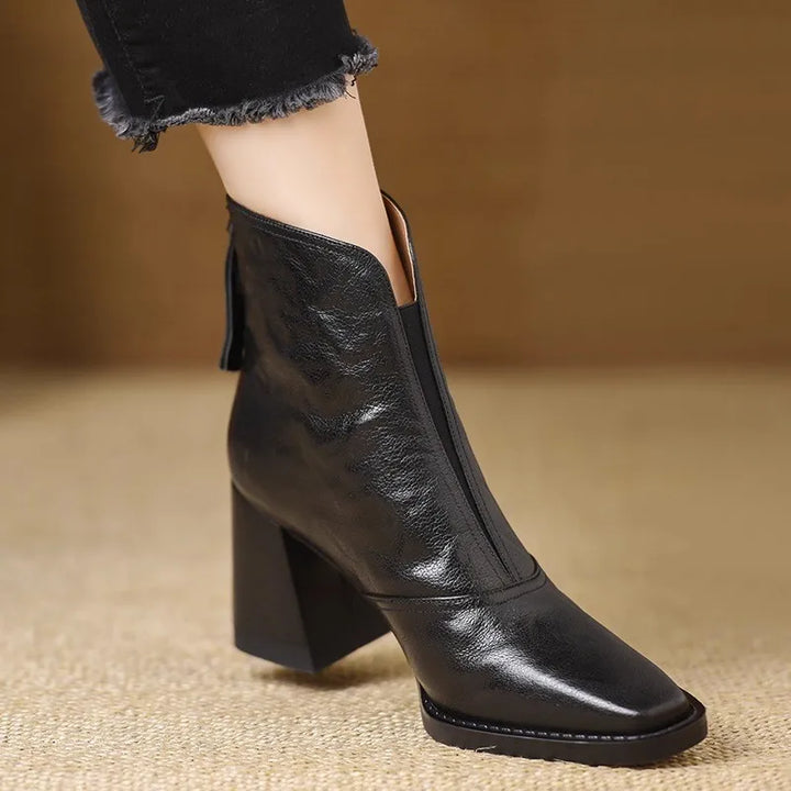Women's Block Heel Ankle Boots with V-Cut Front