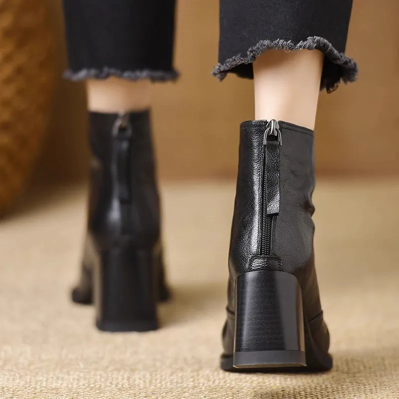 Women's Block Heel Ankle Boots with V-Cut Front