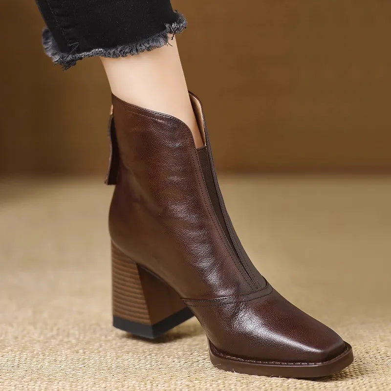 Women's Block Heel Ankle Boots with V-Cut Front