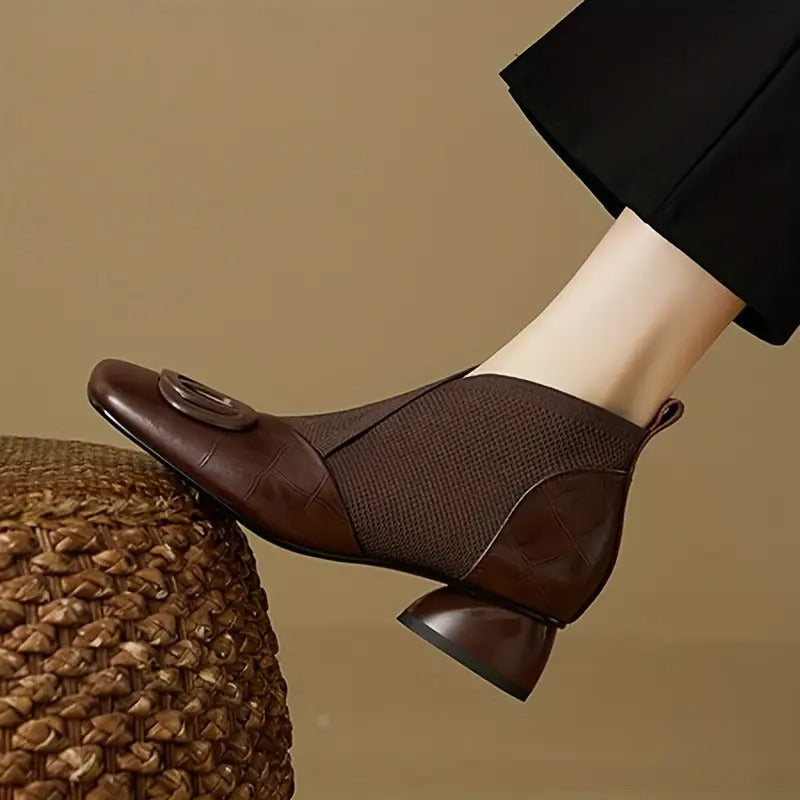 Women's Square Toe Ankle Boots with Stretch Knit Panel