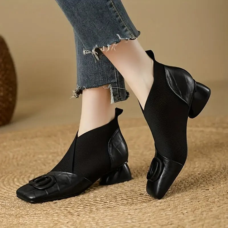 Women's Square Toe Ankle Boots with Stretch Knit Panel