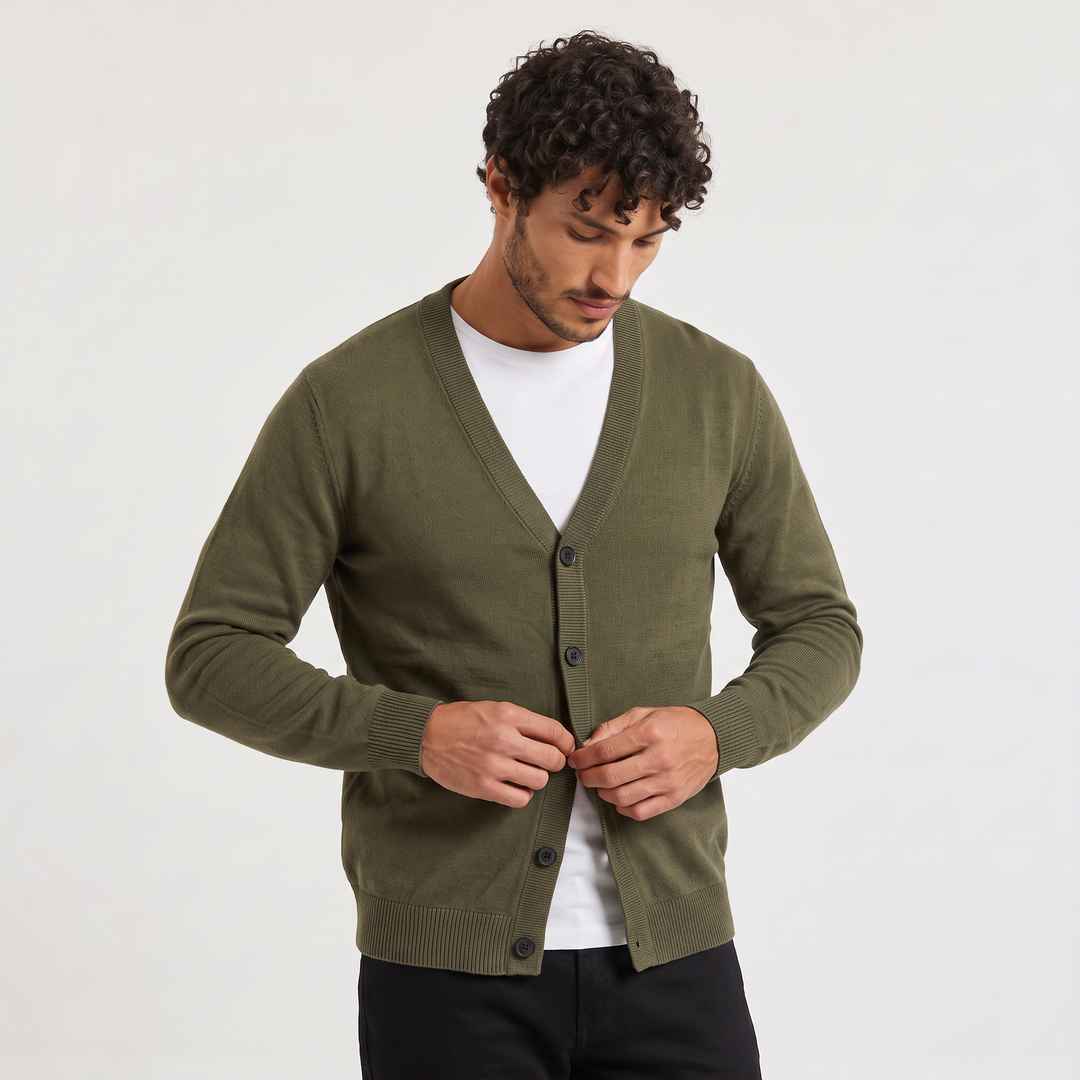 Men's Button-Front V-Neck Cardigan in Loose Fit