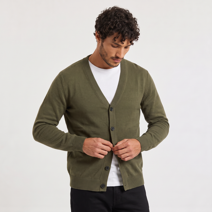 Men's Button-Front V-Neck Cardigan in Loose Fit