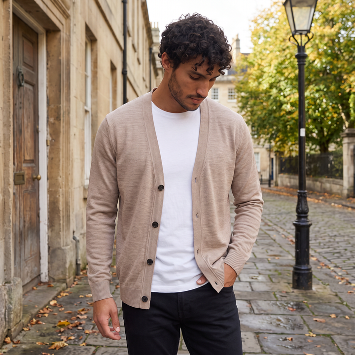 Men's Button-Front V-Neck Cardigan in Loose Fit
