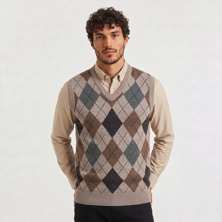Men's Argyle V-Neck Sweater Vest with Ribbed Trim