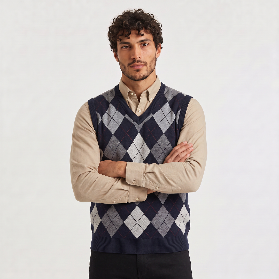 Men's Argyle V-Neck Sweater Vest with Ribbed Trim