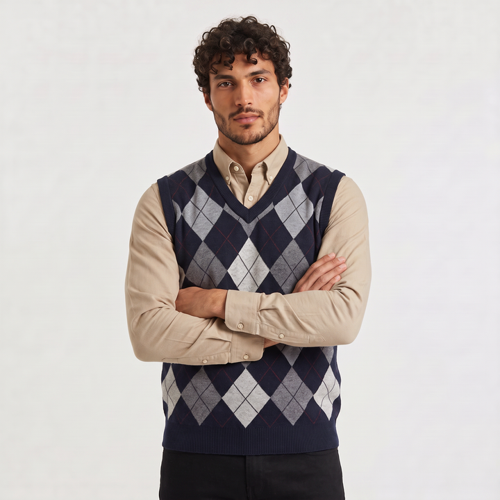 Men's Argyle V-Neck Sweater Vest with Ribbed Trim