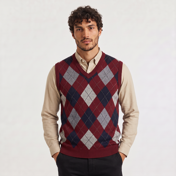 Men's Argyle V-Neck Sweater Vest with Ribbed Trim