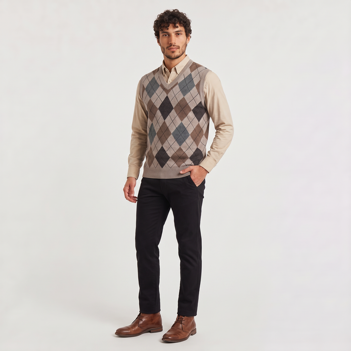 Men's Argyle V-Neck Sweater Vest with Ribbed Trim