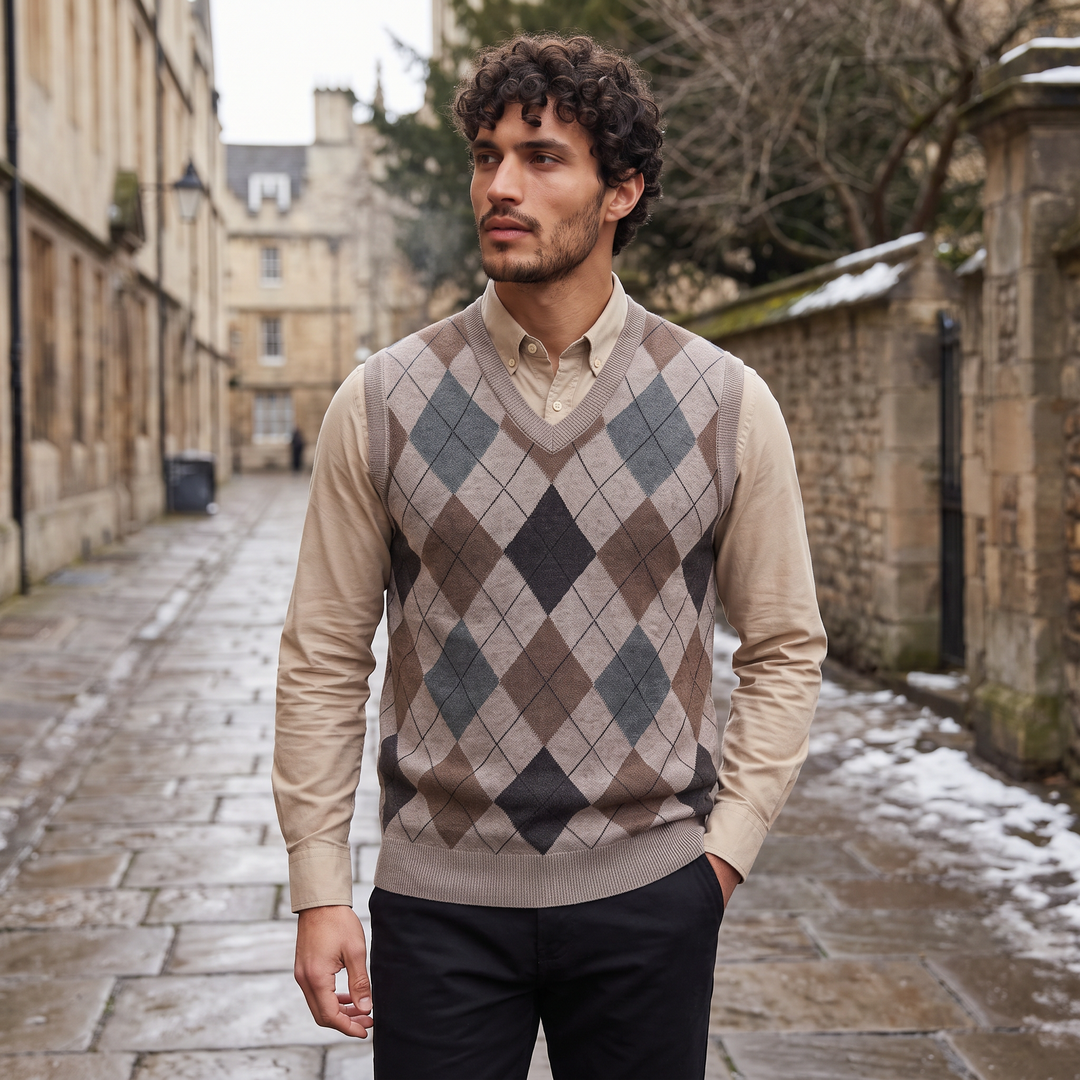 Men's Argyle V-Neck Sweater Vest with Ribbed Trim