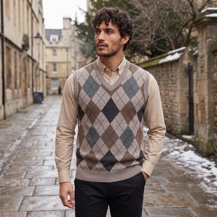Men's Argyle V-Neck Sweater Vest with Ribbed Trim