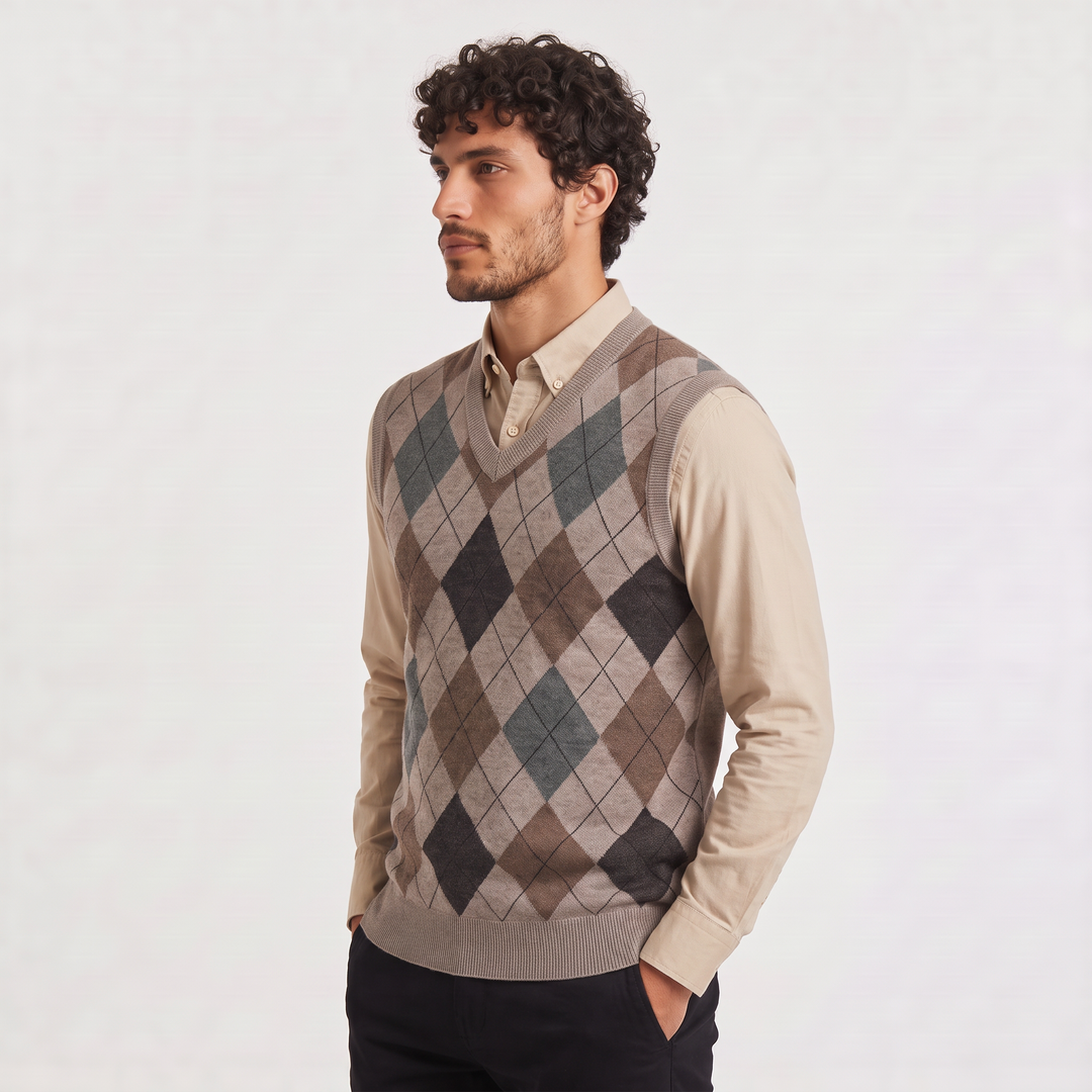 Men's Argyle V-Neck Sweater Vest with Ribbed Trim