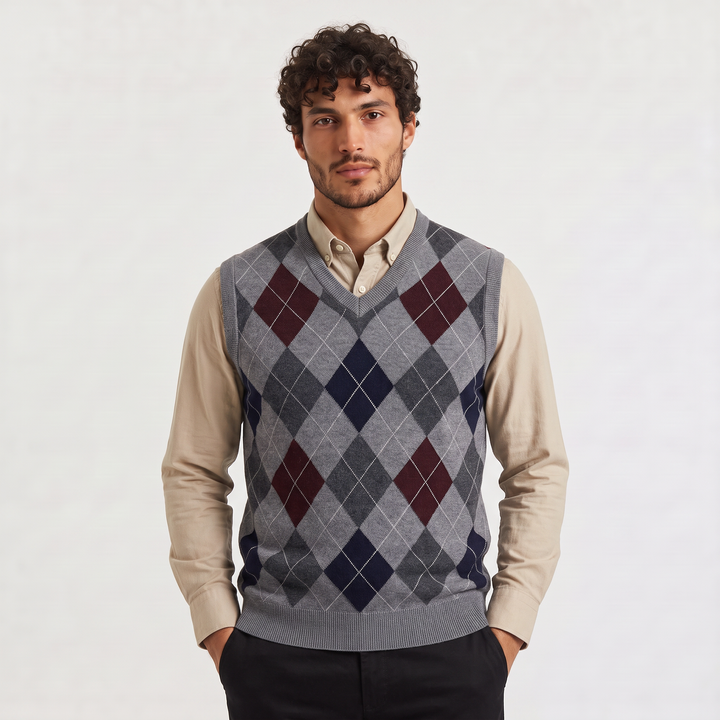 Men's Argyle V-Neck Sweater Vest with Ribbed Trim
