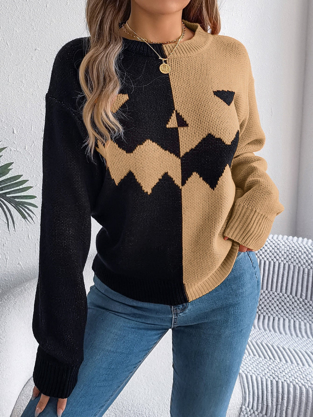 Women's Jack-o'-Lantern Colorblock Halloween Sweater