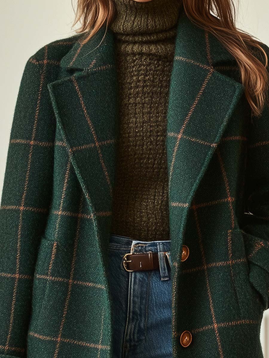 Women's Plaid Wool Double-Breasted Coat