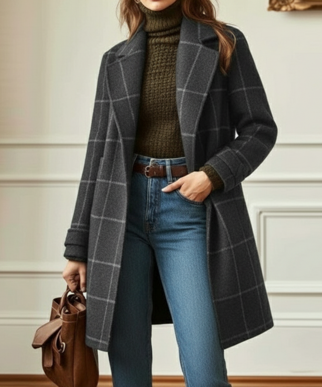 Women's Plaid Wool Double-Breasted Coat