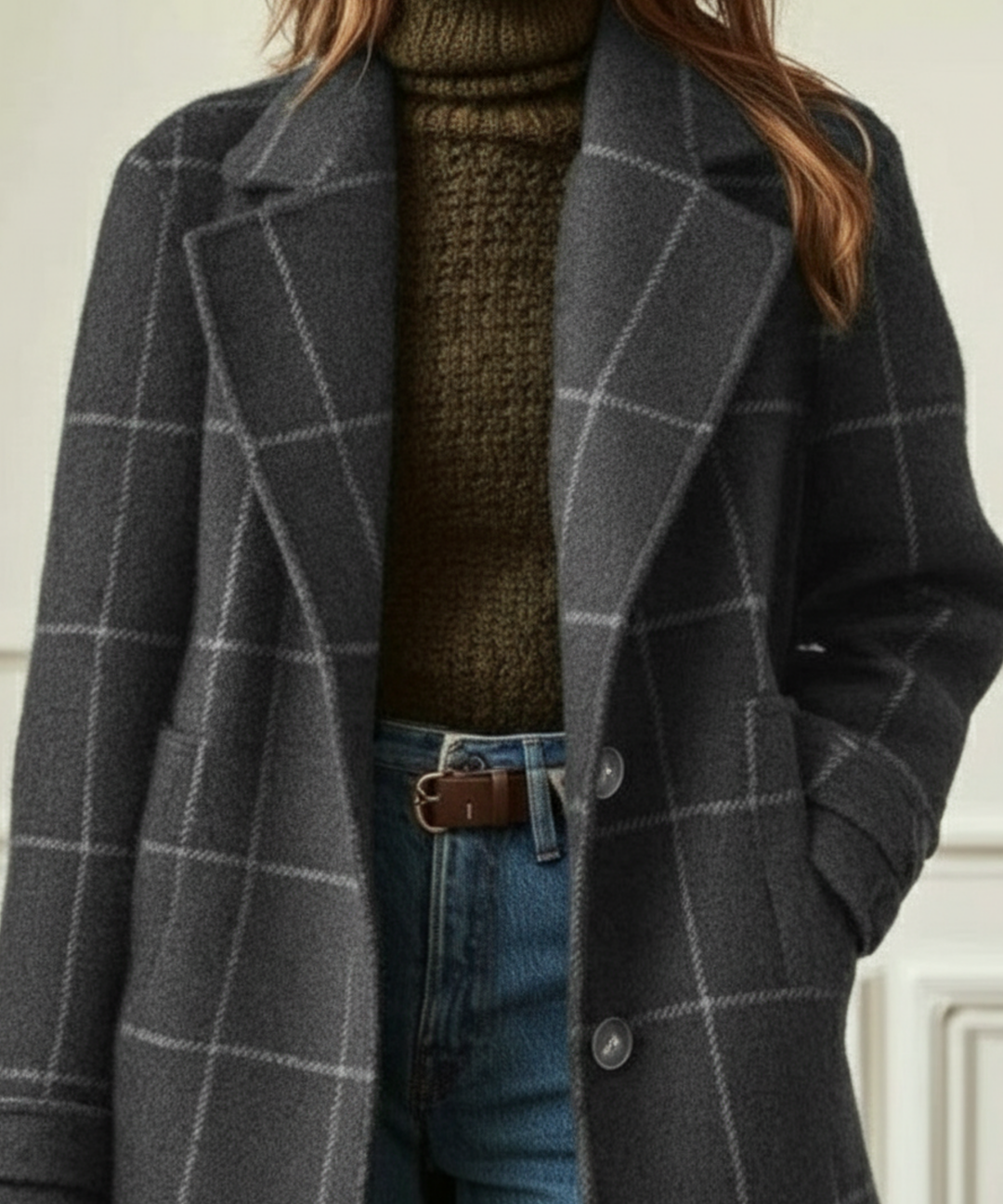 Women's Plaid Wool Double-Breasted Coat