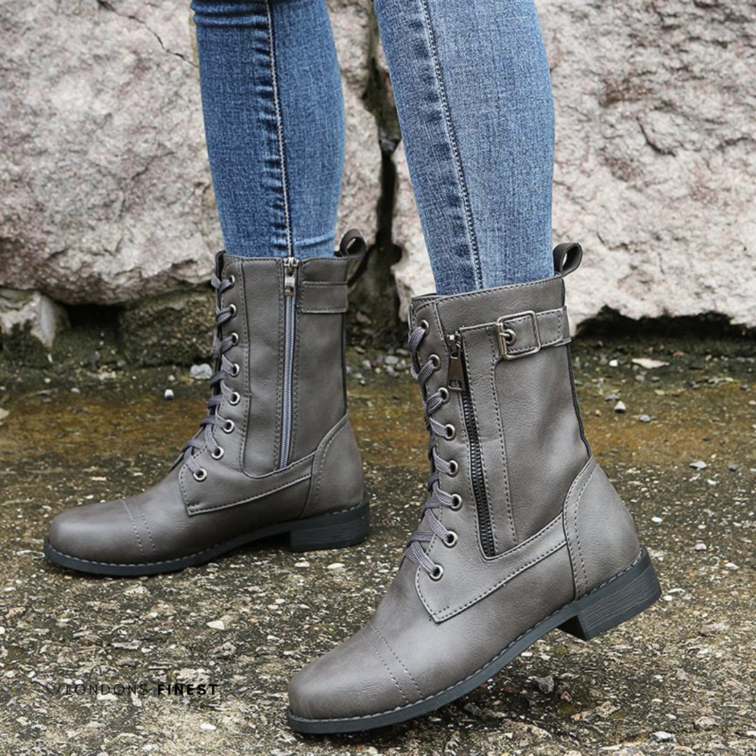 Women's Lace Up Combat Boots with Buckle Strap