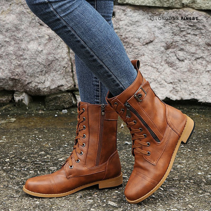 Women's Lace Up Combat Boots with Buckle Strap