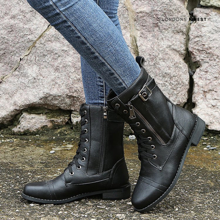 Women's Lace Up Combat Boots with Buckle Strap