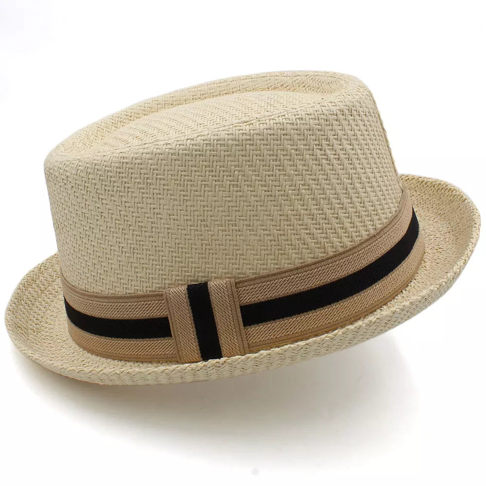 Woven Straw Porkpie Hat with Ribbon Band