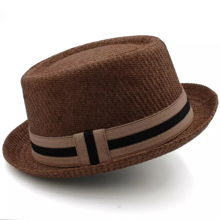 Woven Straw Porkpie Hat with Ribbon Band