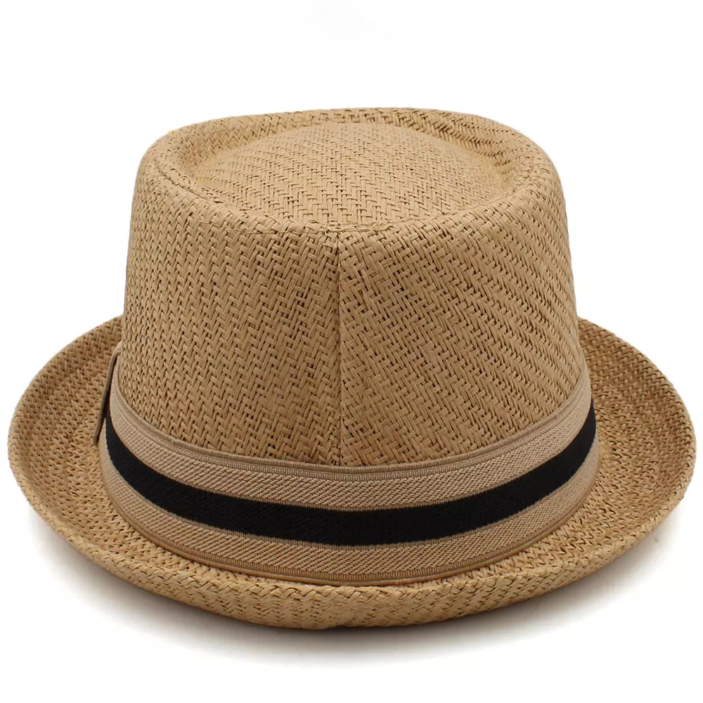 Woven Straw Porkpie Hat with Ribbon Band