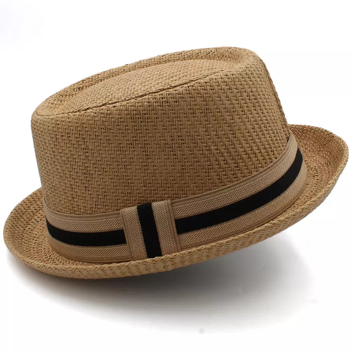 Woven Straw Porkpie Hat with Ribbon Band