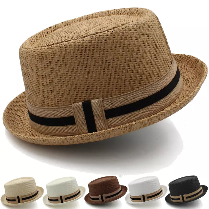 Woven Straw Porkpie Hat with Ribbon Band