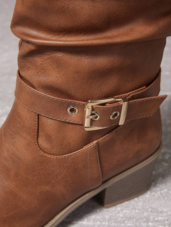 Women's Knee High Boots with Double Buckle Straps