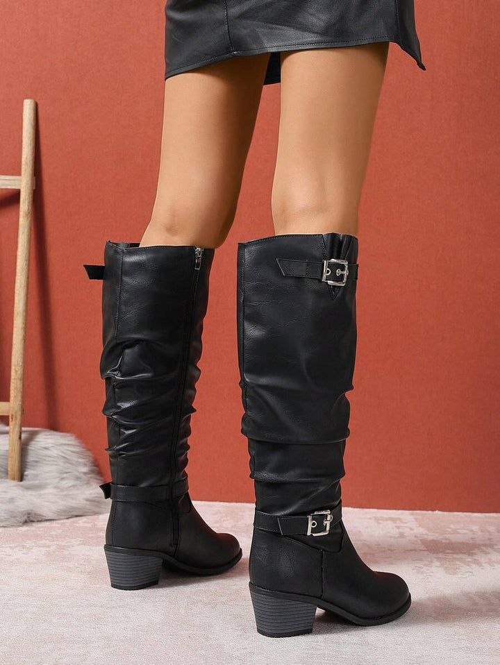 Women's Knee High Boots with Double Buckle Straps
