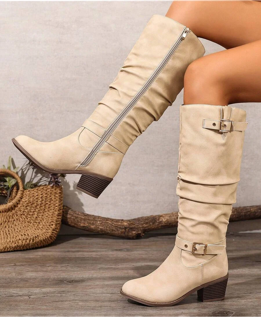 Women's Knee High Boots with Double Buckle Straps