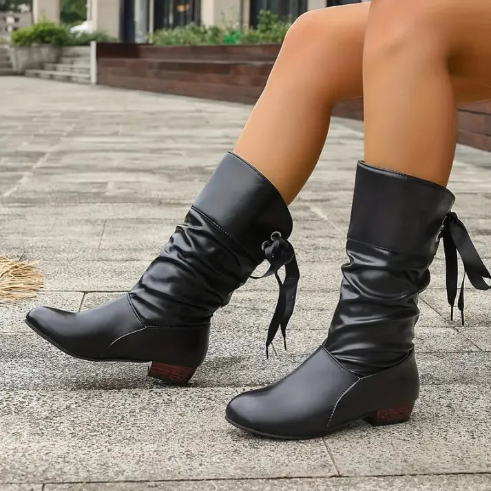 Women's Ruched Knee High Boots with Bow Tie Detail