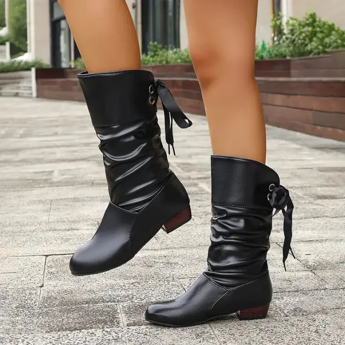 Women's Ruched Knee High Boots with Bow Tie Detail