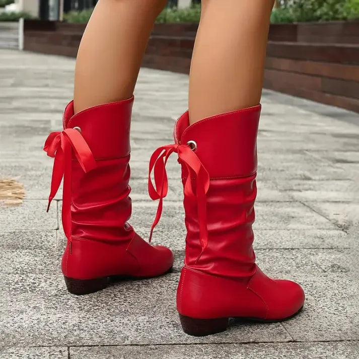 Women's Ruched Knee High Boots with Bow Tie Detail