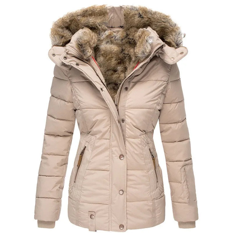 Women's Quilted Puffer Jacket with Faux Fur Hood