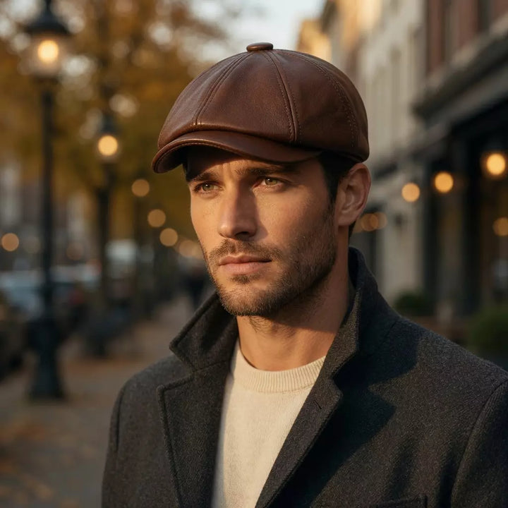 Men's Leather Newsboy Cap with Button Top