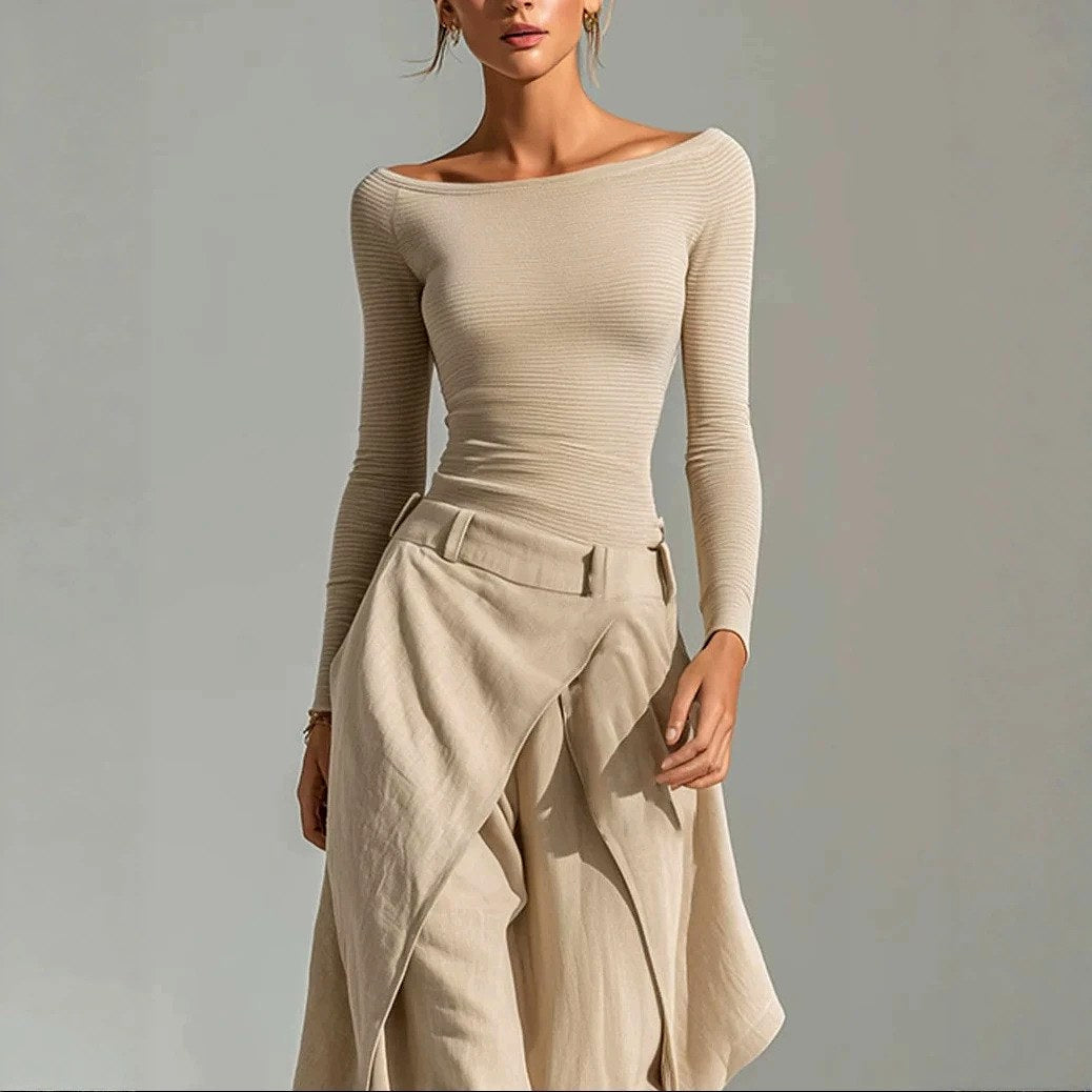 Women's Off-Shoulder Ribbed Top and Draped Wide-Leg Pants Set