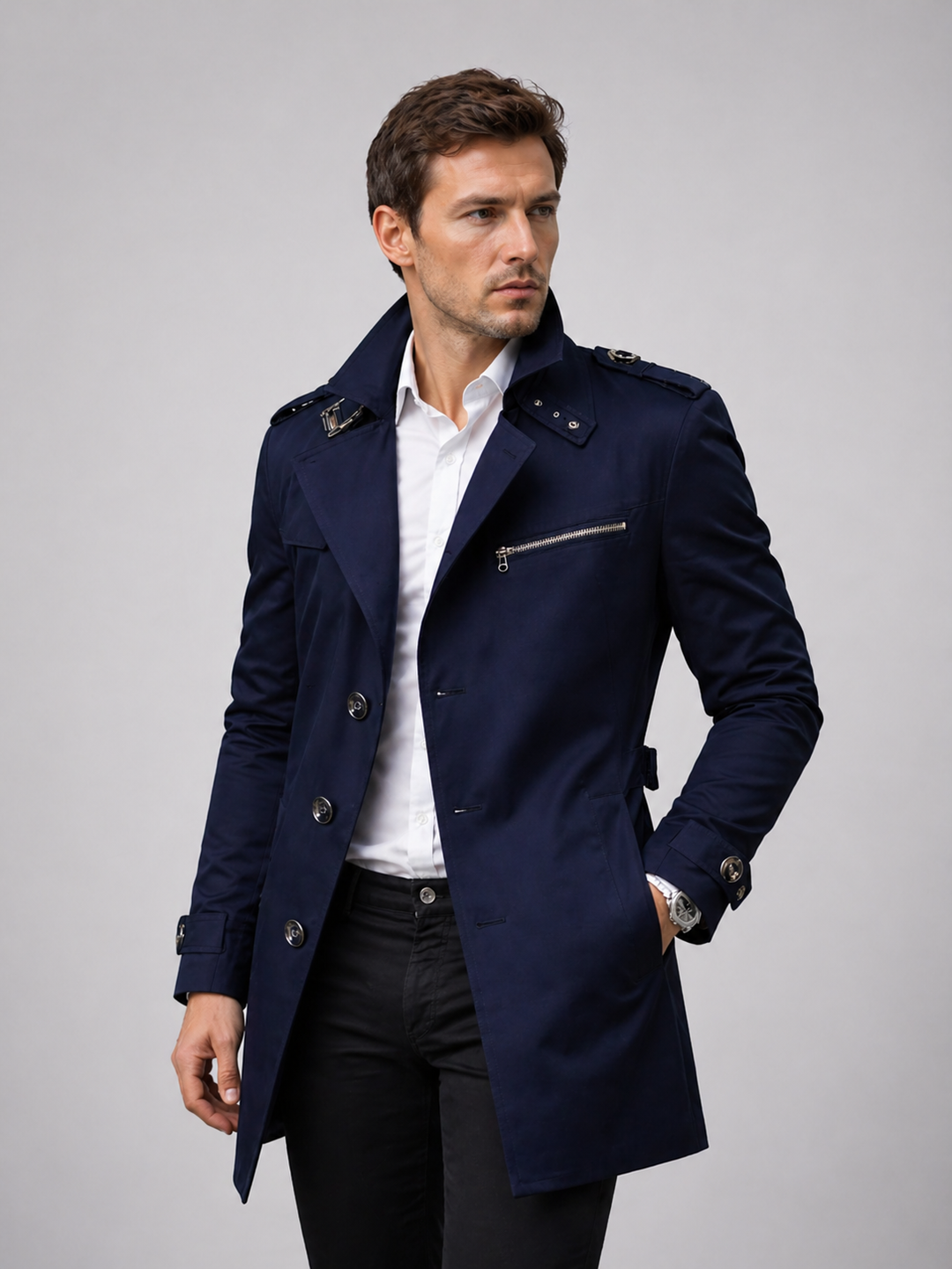 Men's Trench Coat with Zip Chest Pocket